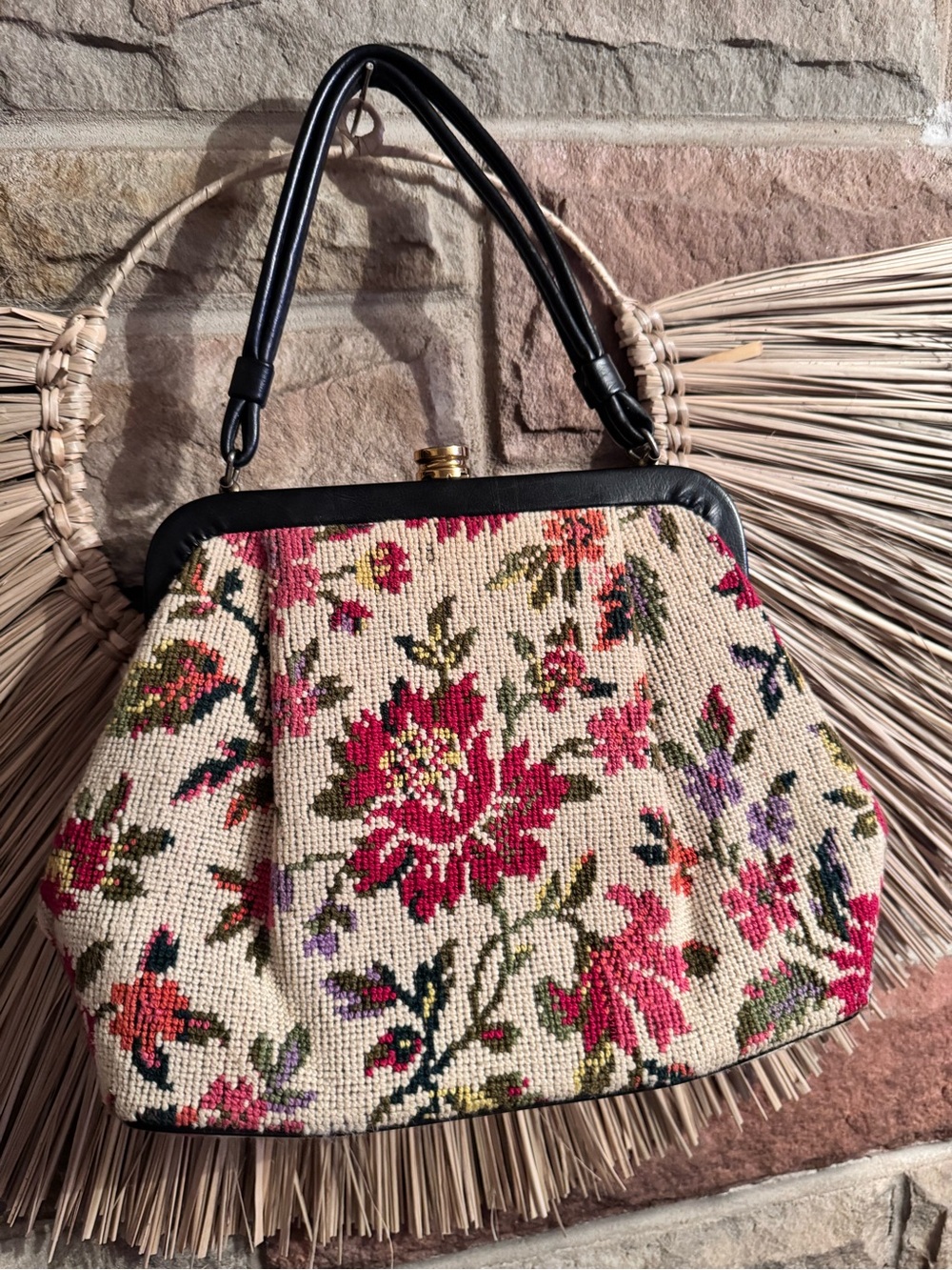 Vintage Kadin 1960’s Floral needlepoint Tapestry Handbag made in USA